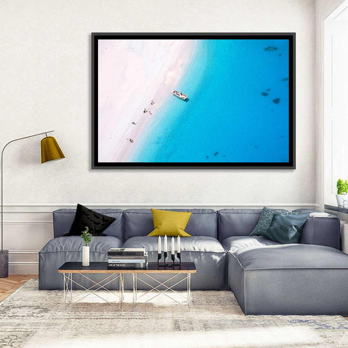 Aerial Beach Bay with White Boat Wall Art in a room, landscape