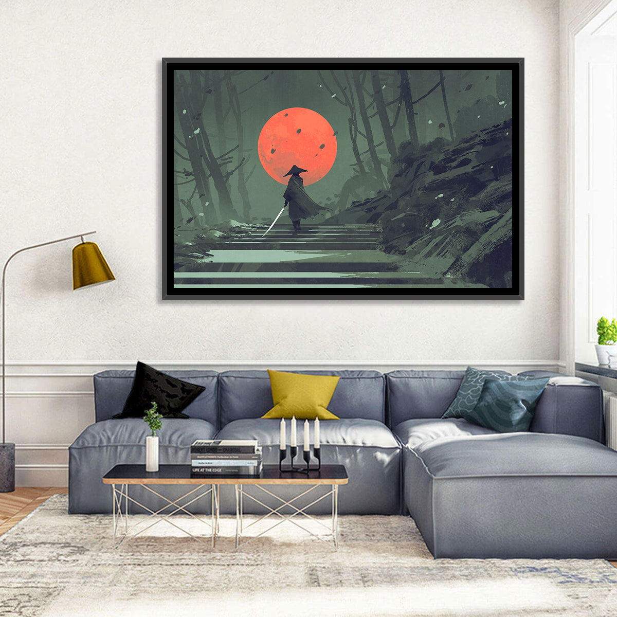 Samurai Under Red Moon Wall Art in a room, landscape