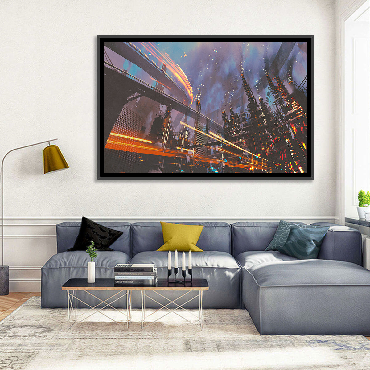 Futuristic Industrial Cityscape Wall Art in a room, landscape