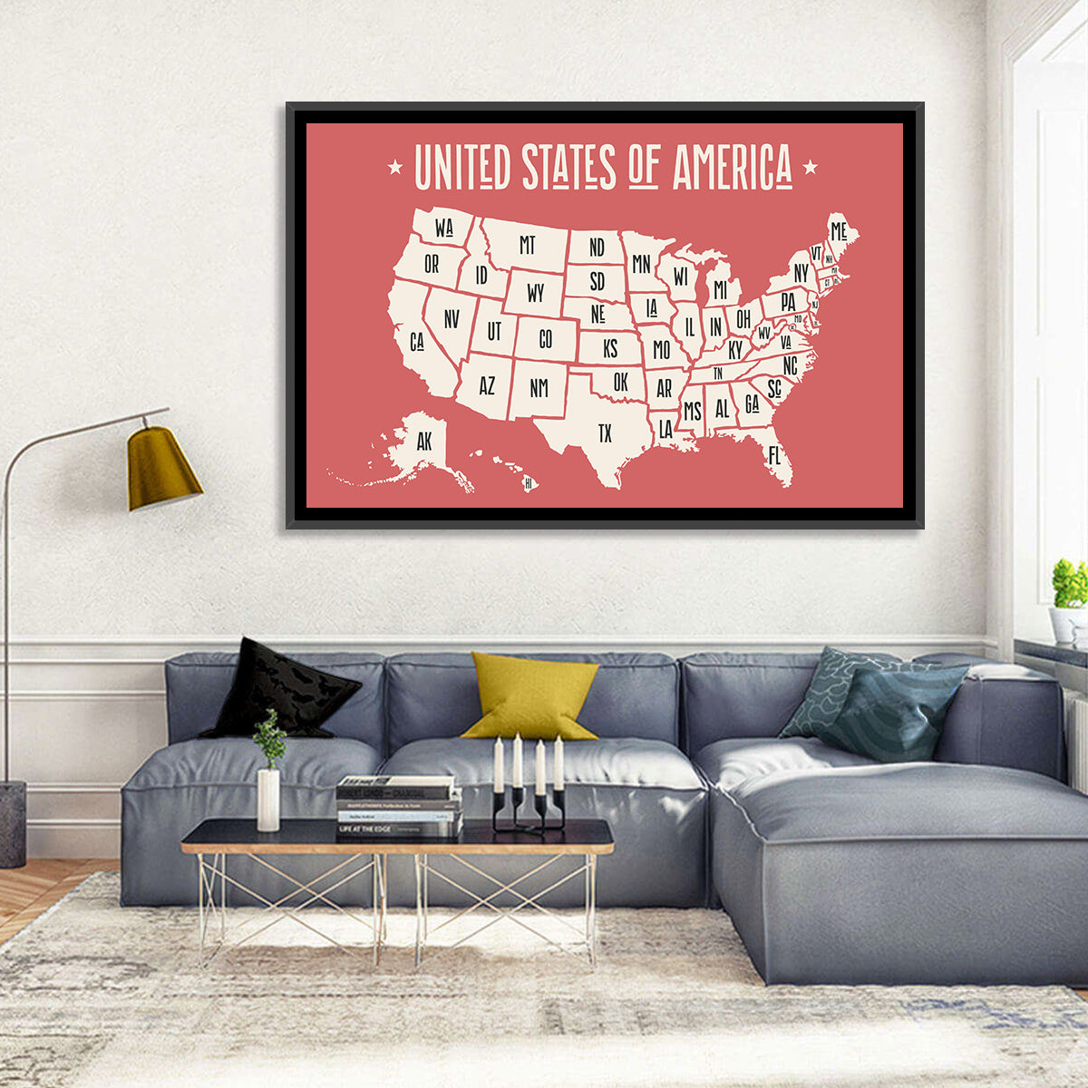 United States Map with State Abbreviations Wall Art in a room, landscape