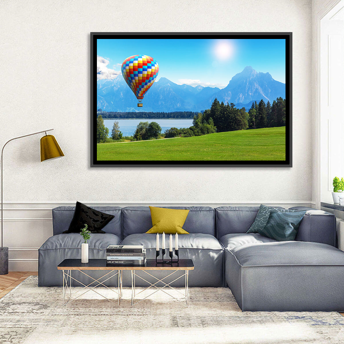 Bavarian Lake with Hot Air Balloon Wall Art in a room, landscape