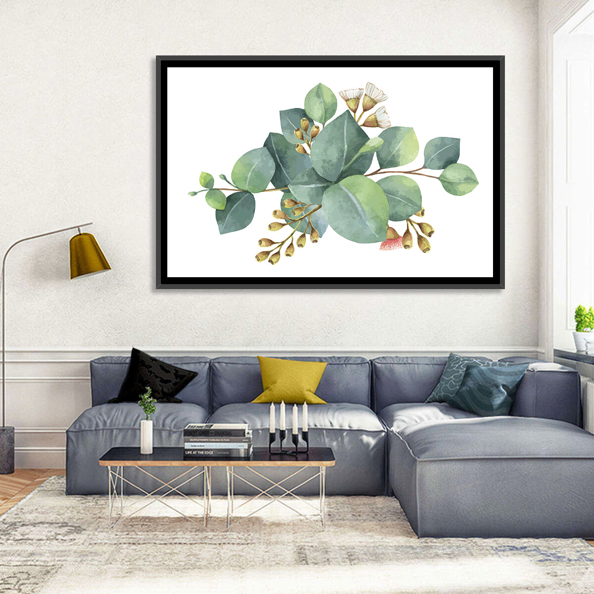 Eucalyptus Leaves with Pink Blossom Wall Art in a room, landscape