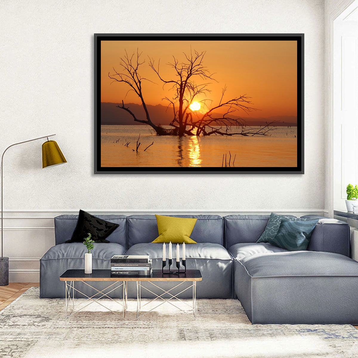 Salton Sea Sunrise Wall Art in a room, landscape