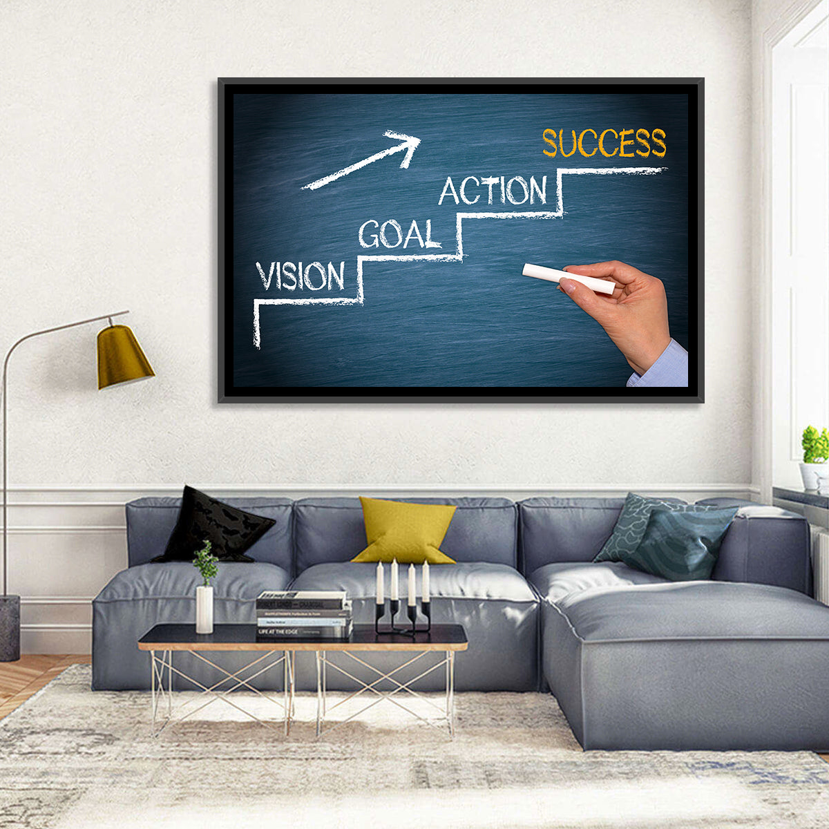 Vision Goal Action Success Chalk Diagram Wall Art in a room, landscape