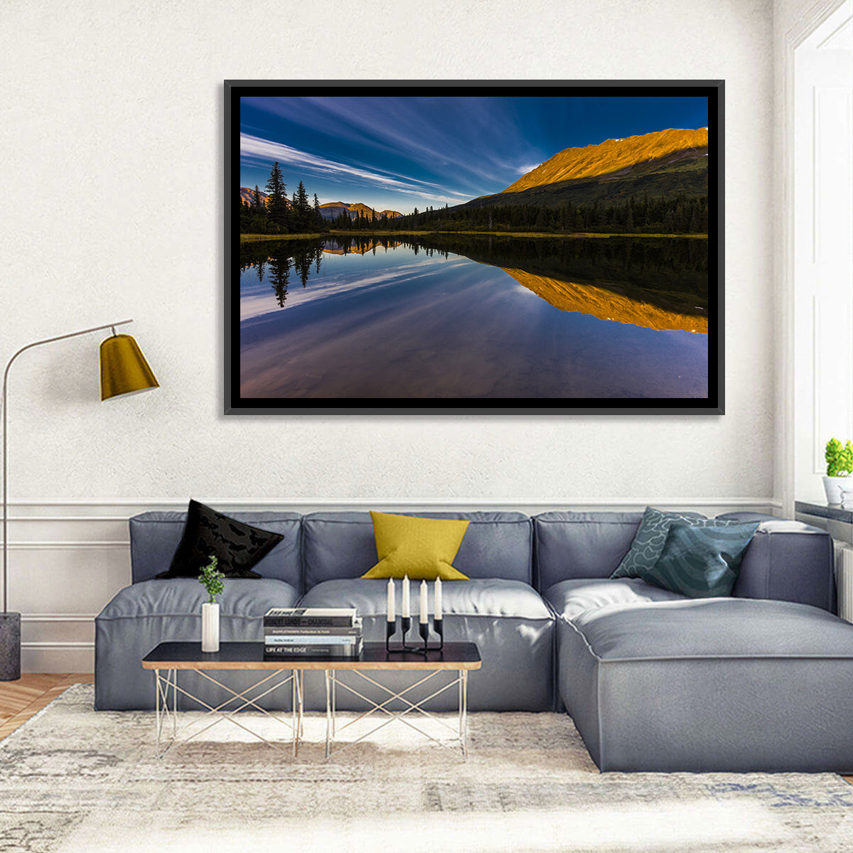 Rainbow Lake at Golden Hour Wall Art in a room, landscape