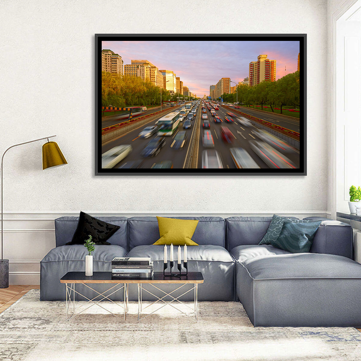 Beijing Sunset Traffic Streaks Wall Art in a room, landscape