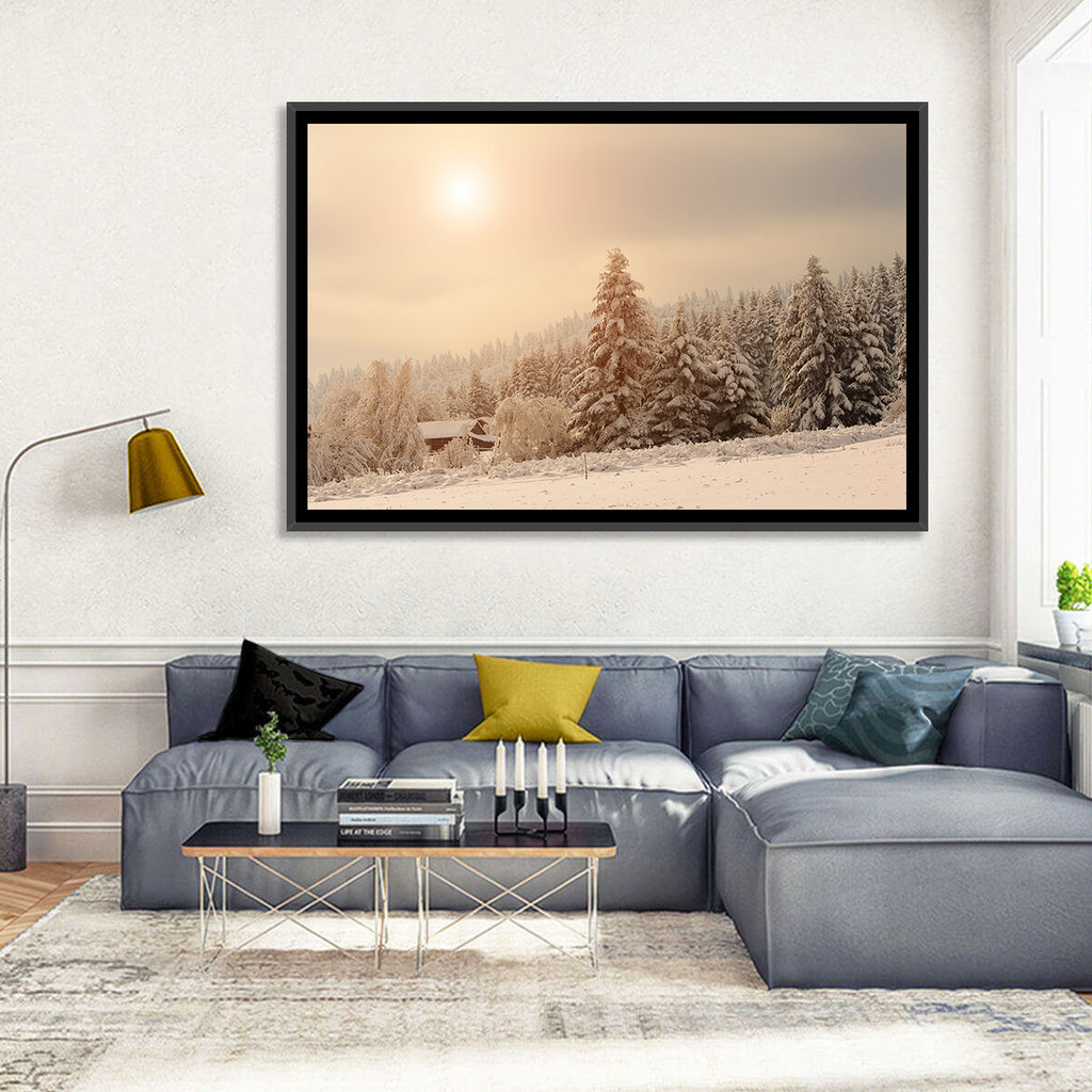 Snowy Pine Forest at Golden Hour Wall Art