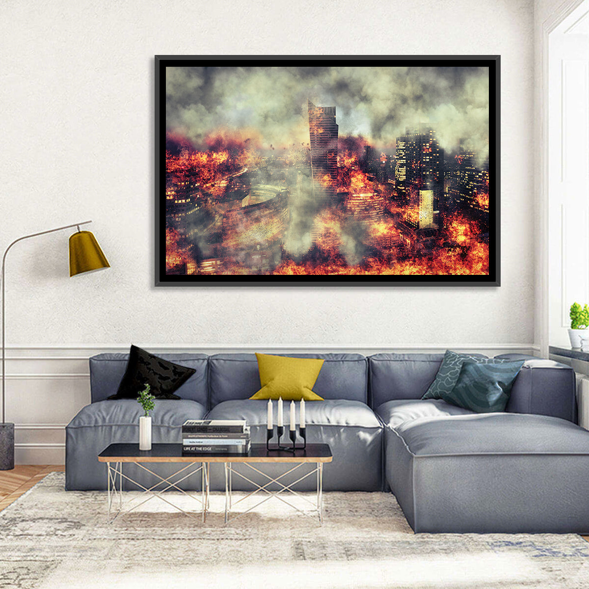 Warsaw Spire Burning City Abstract Wall Art in a room, landscape