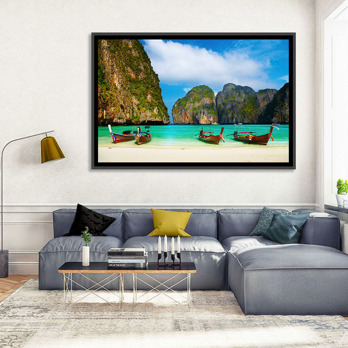 Maya Bay Long-tail Boats Wall Art in a room, landscape
