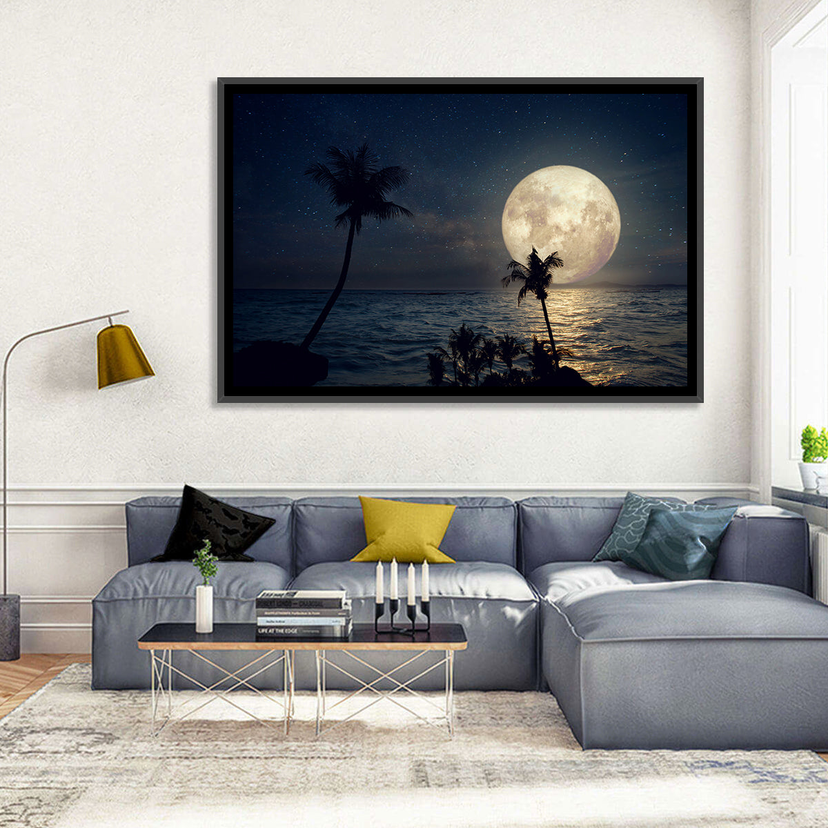 Supermoon Over Tropical Beach Wall Art in a room, landscape