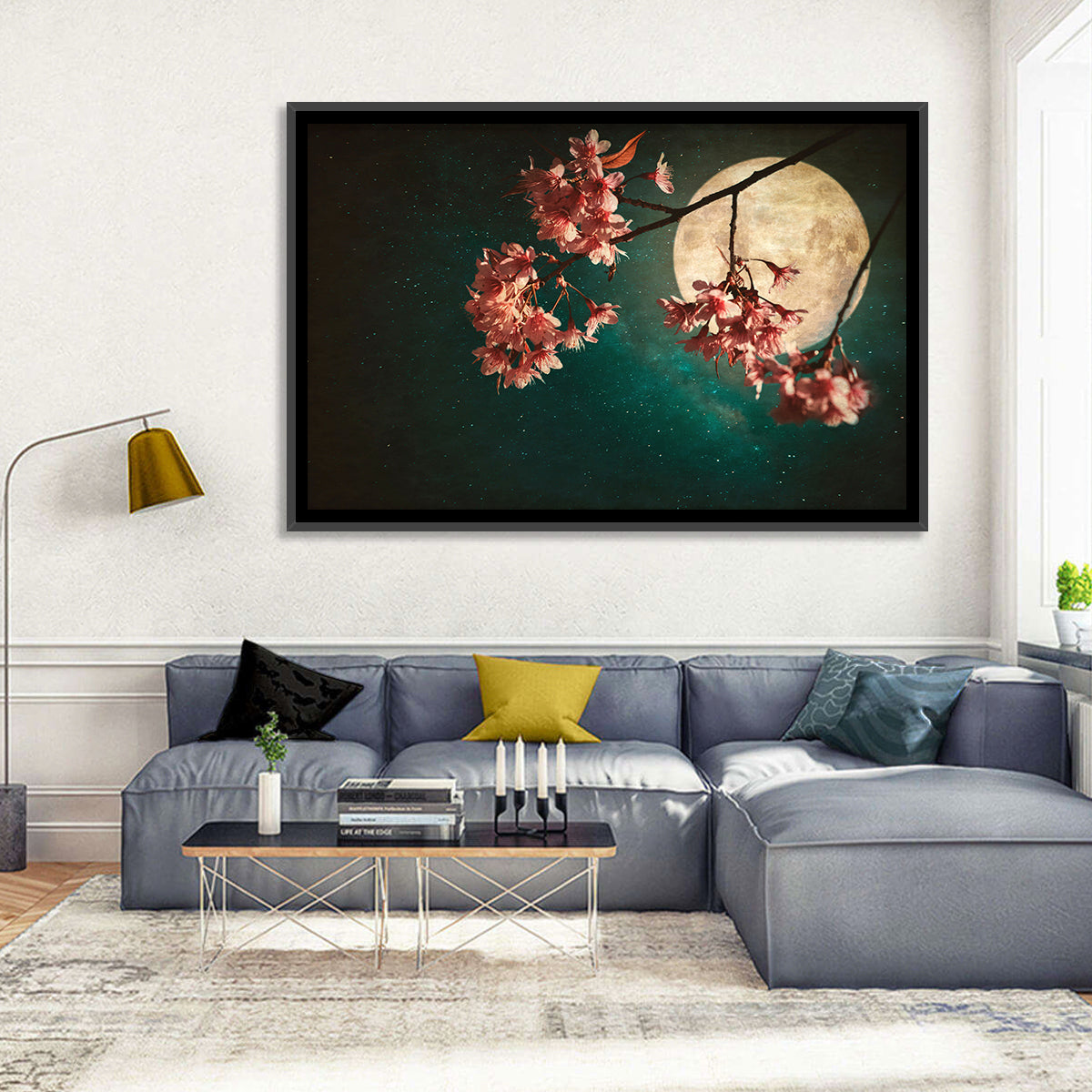 Moonlit Sakura Blossoms Wall Art in a room, landscape