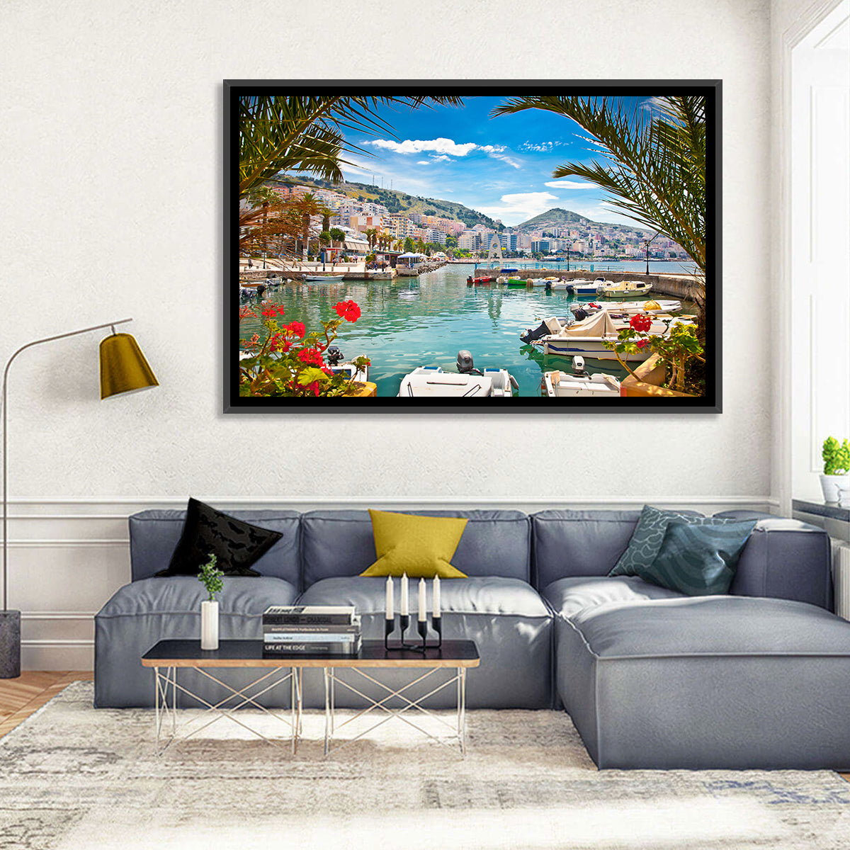 Saranda Harbor View Wall Art in a room, landscape