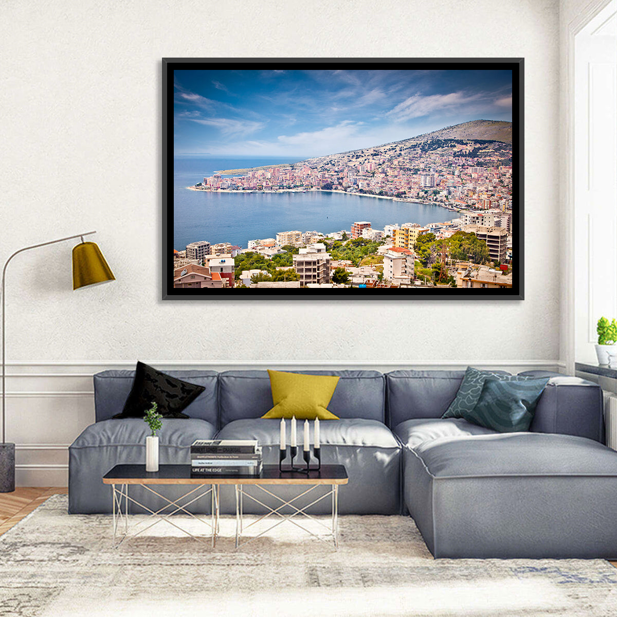 Saranda Bay Cityscape Wall Art in a room, landscape