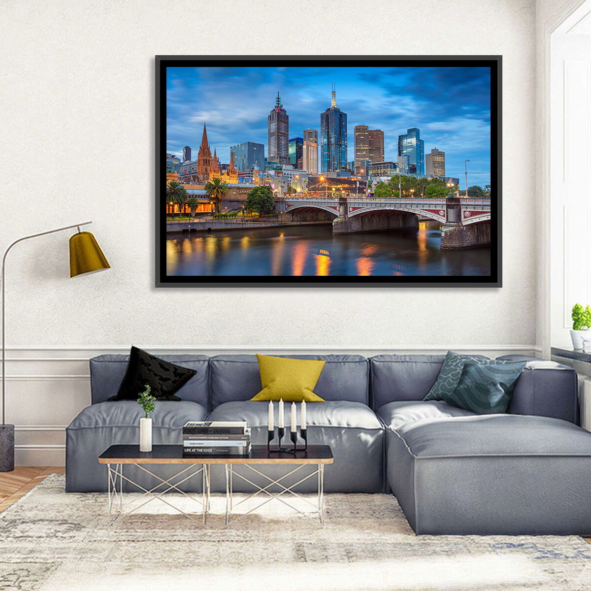 Melbourne Blue Hour Skyline Wall Art in a room, landscape