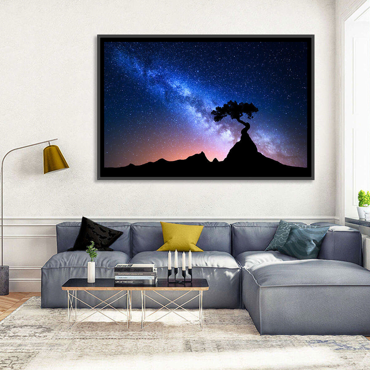 Milky Way Over Mountain Ridge Wall Art in a room, landscape