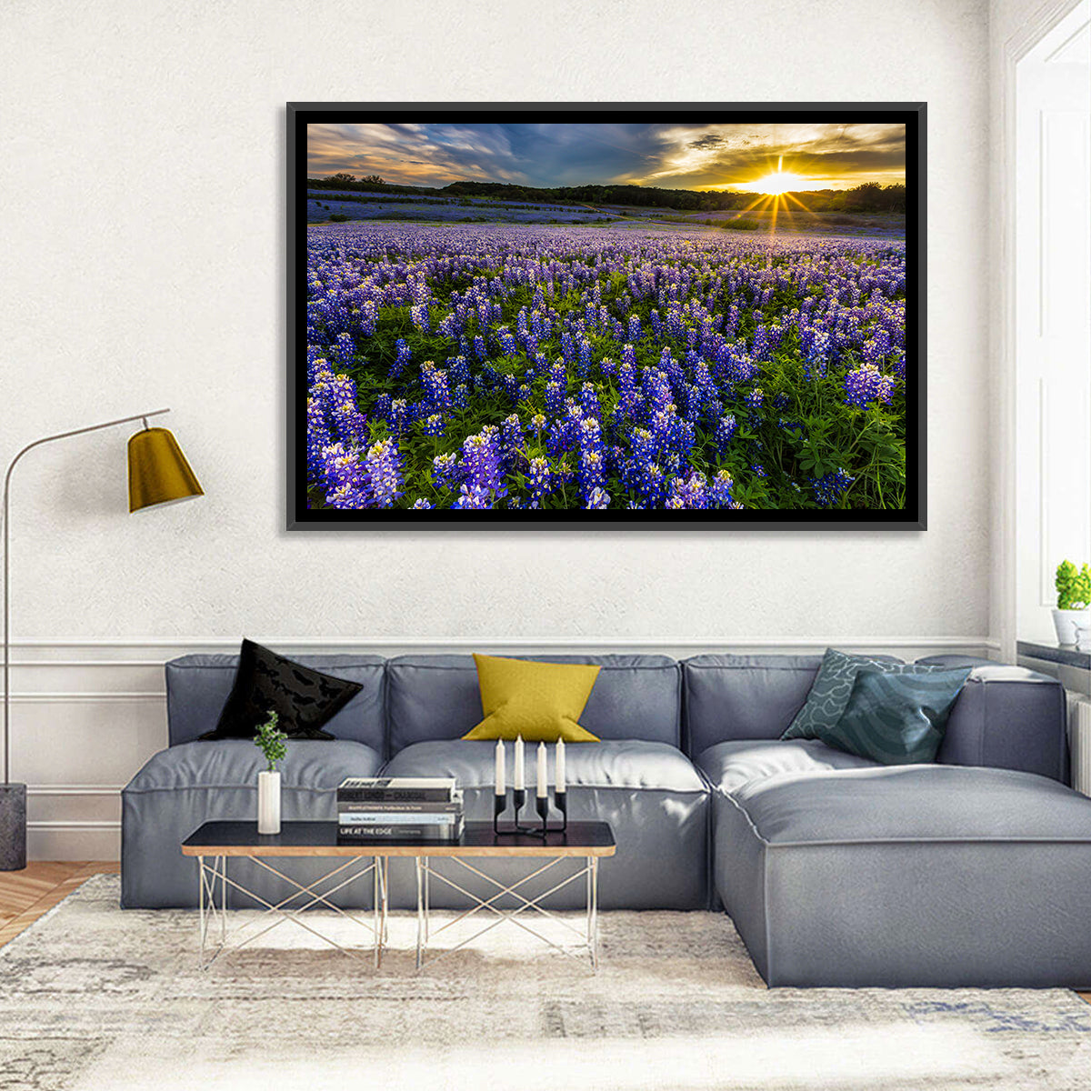 Texas Bluebonnet Field at Sunset Wall Art in a room, landscape