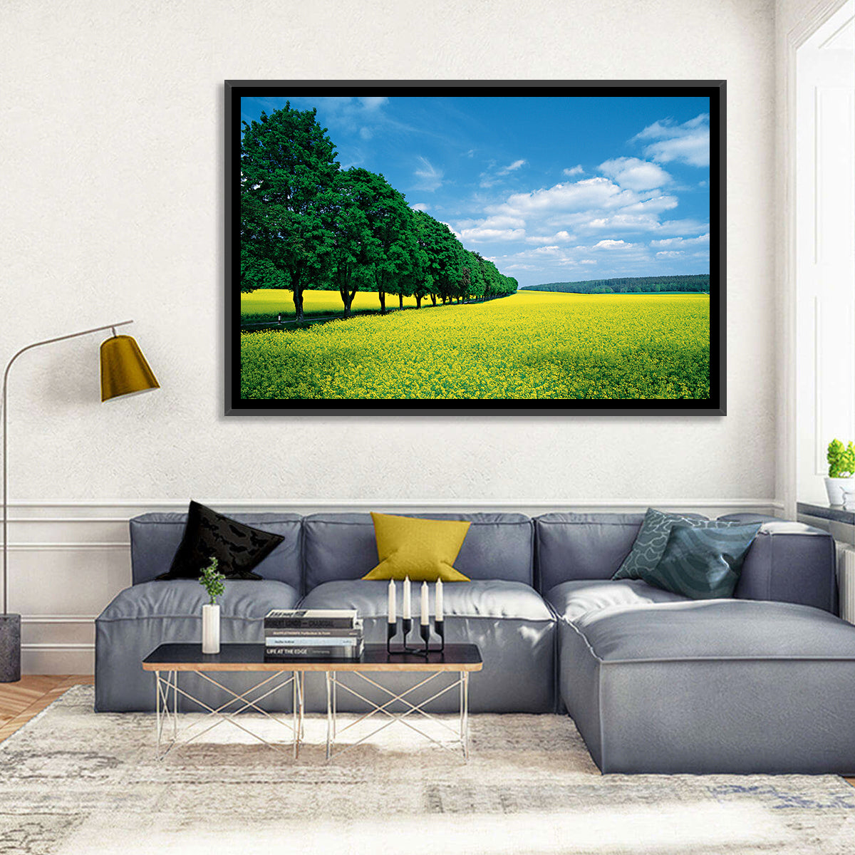 Spring Field of Yellow Flowers Wall Art in a room, landscape