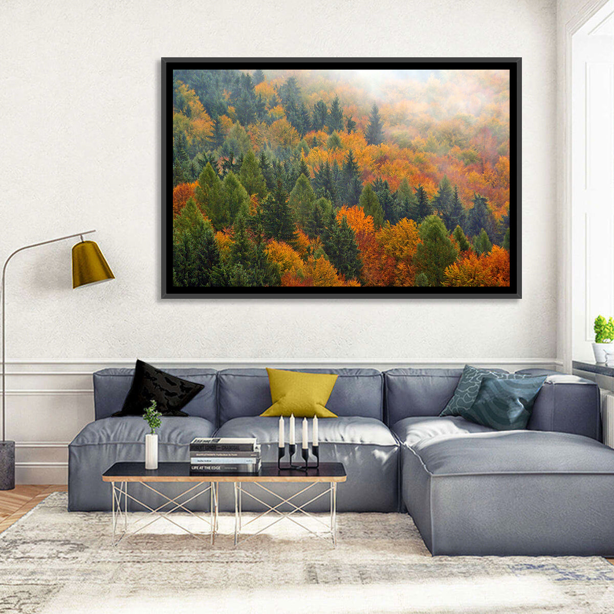 Misty Autumn Forestscape Wall Art in a room, landscape