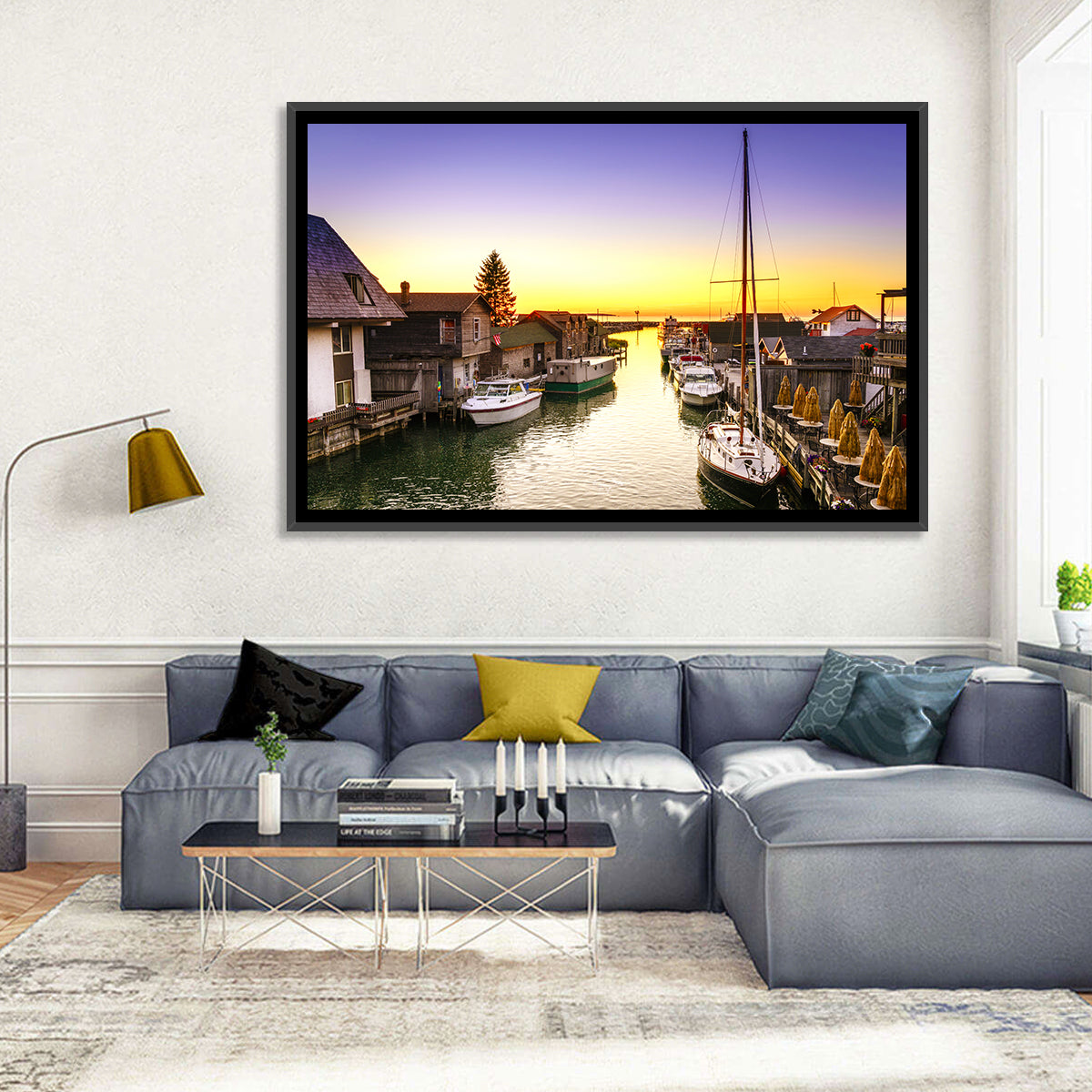 Leland Fishtown Sunset Wall Art in a room, landscape