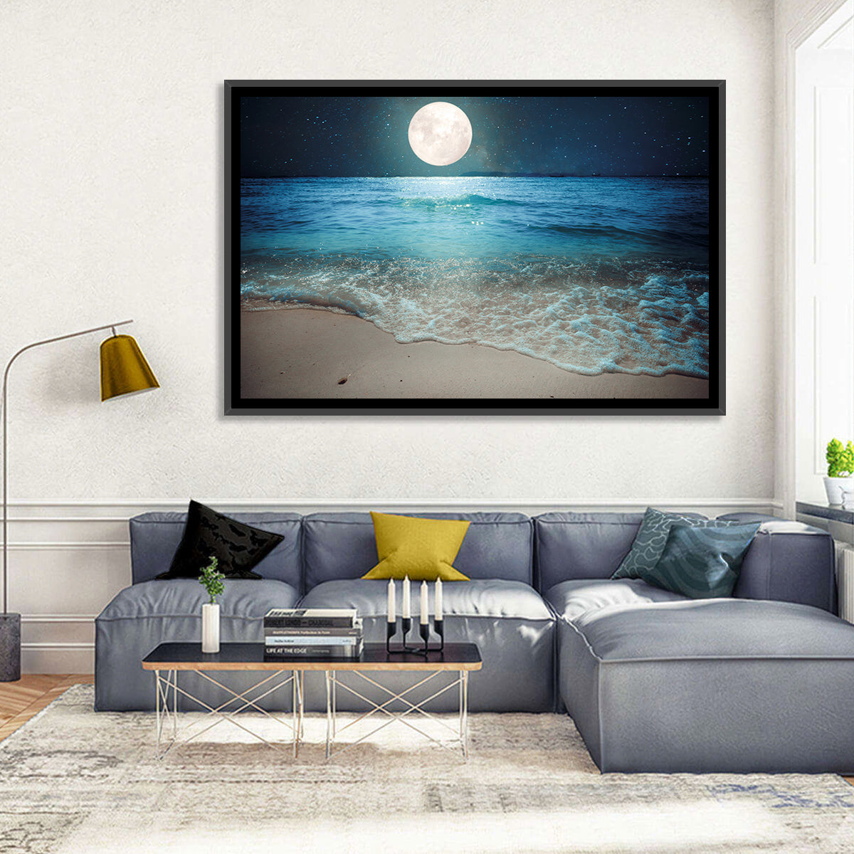 Full Moon Over Beach Wall Art in a room, landscape