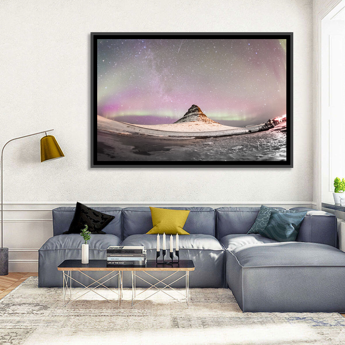 Aurora Over Kirkjufell Wall Art in a room, landscape