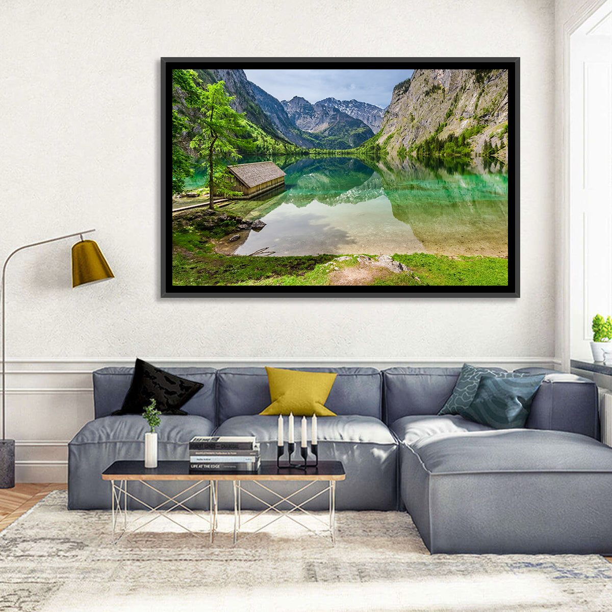 Obersee Boathouse Reflection Wall Art in a room, landscape