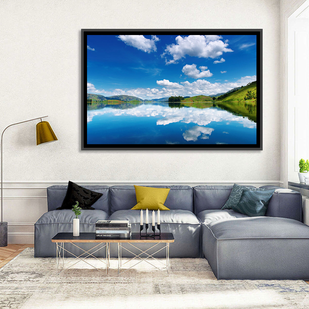 Bunyonyi Lake Reflection Wall Art in a room, landscape