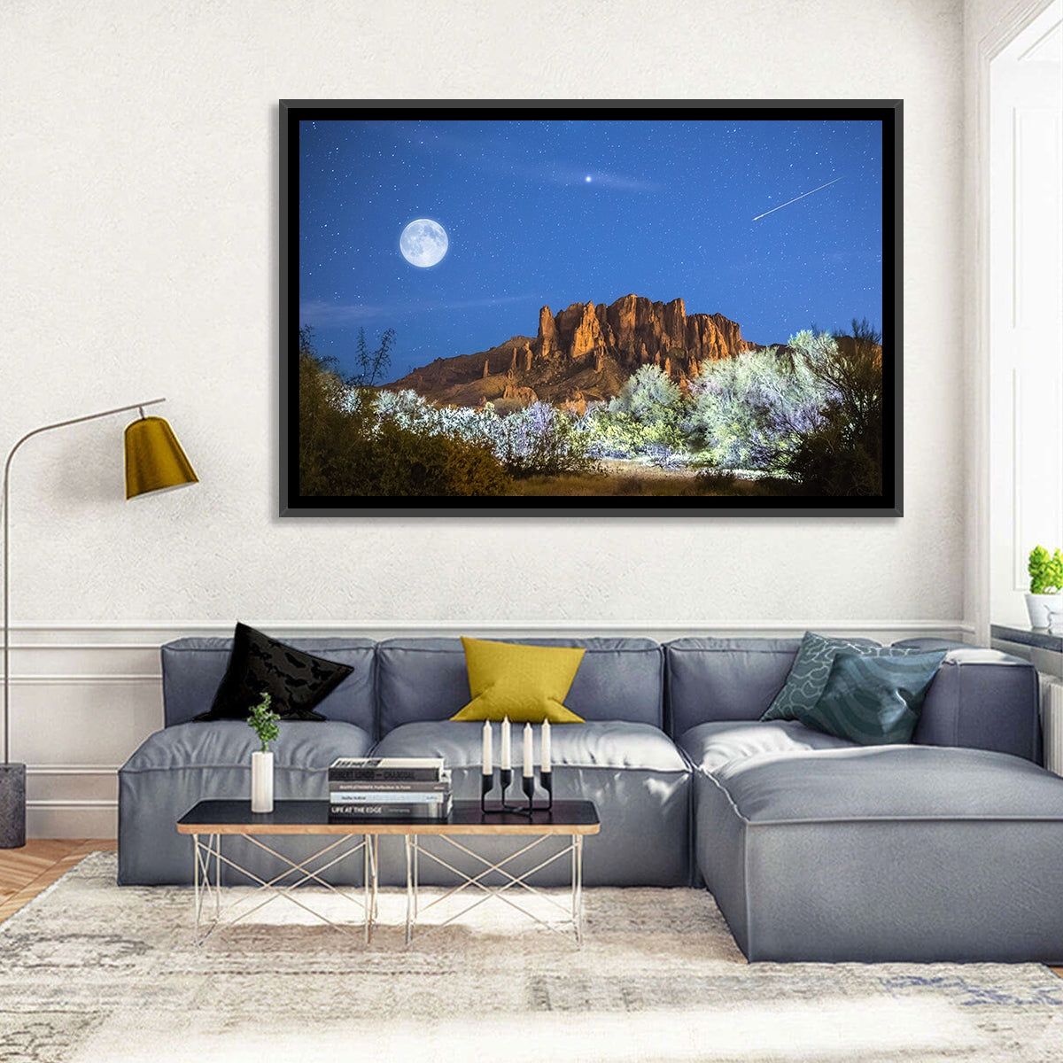 Moonlit Superstition Mountains Arizona Wall Art in a room, landscape