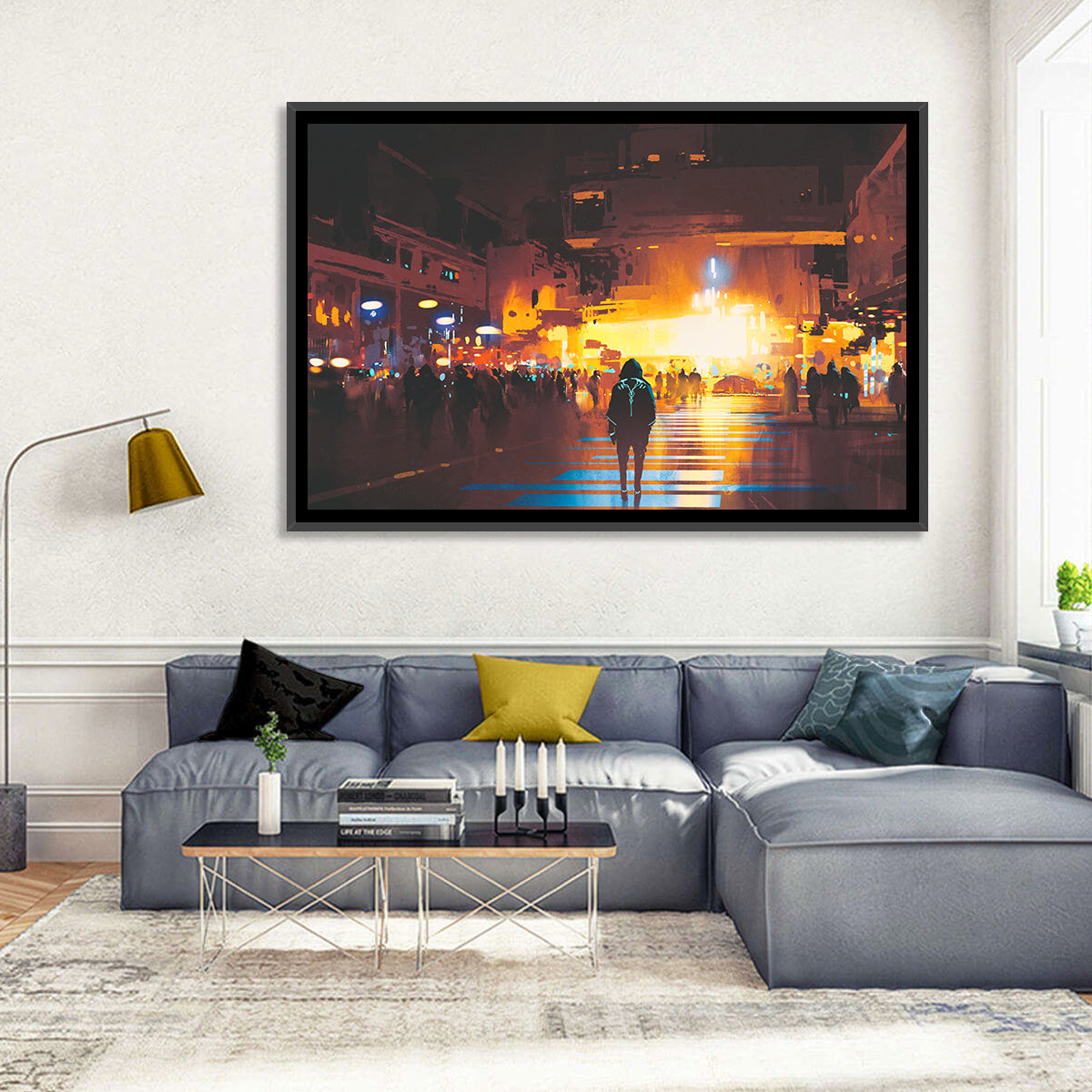 Futuristic Neon Cityscape Wall Art in a room, landscape