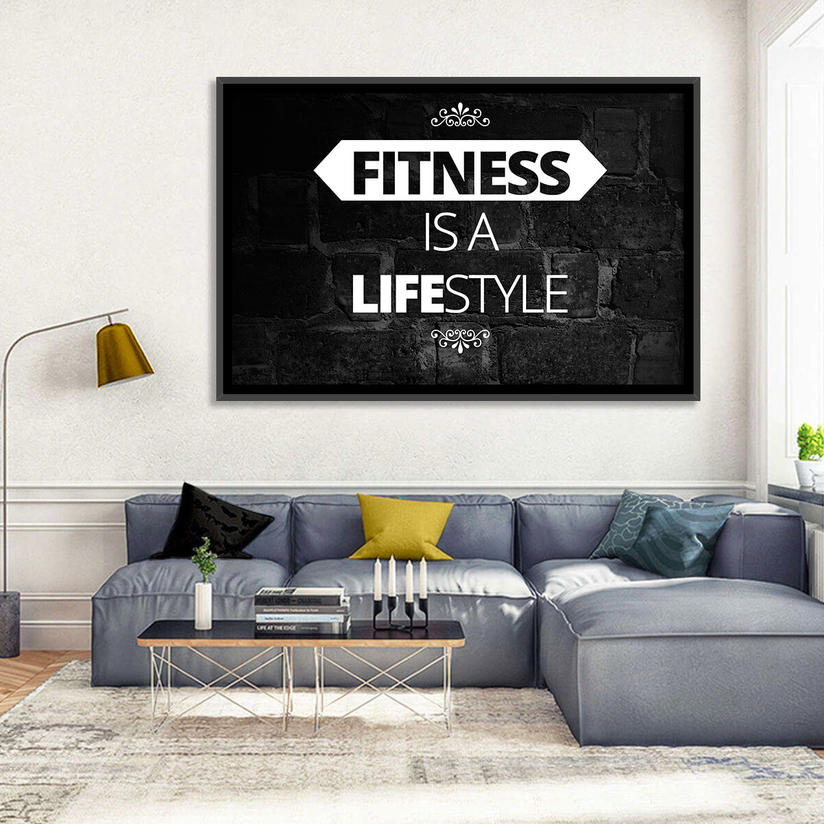 Fitness Is a Lifestyle Brick Quote Wall Art in a room, landscape