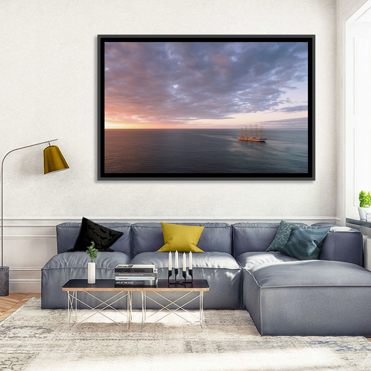 Sunlit Tall Ship at Sea Wall Art in a room, landscape