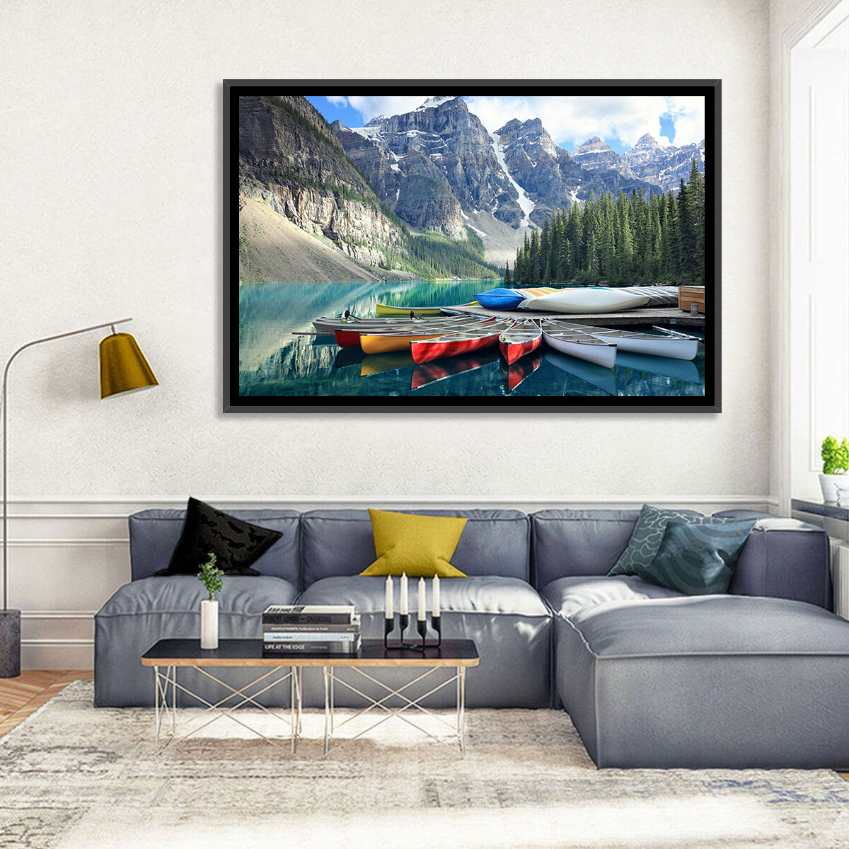 Moraine Lake Canoes at Lake Louise Wall Art in a room, landscape