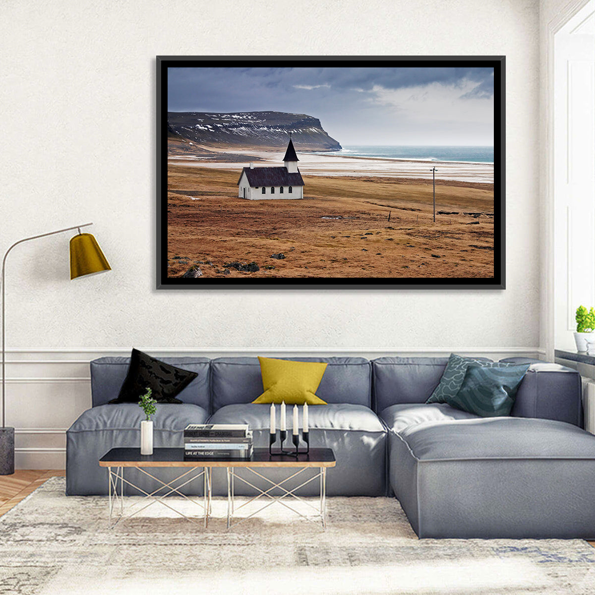 Icelandic Church with Dark Steeple Wall Art in a room, landscape