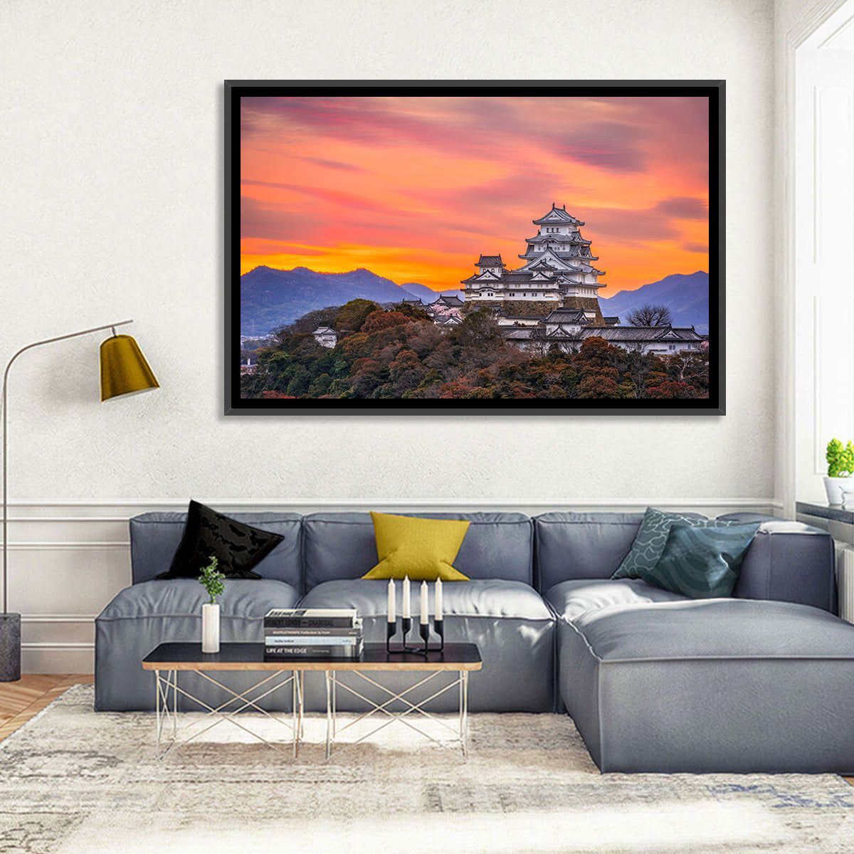 Himeji Castle at Sunrise Wall Art in a room, landscape