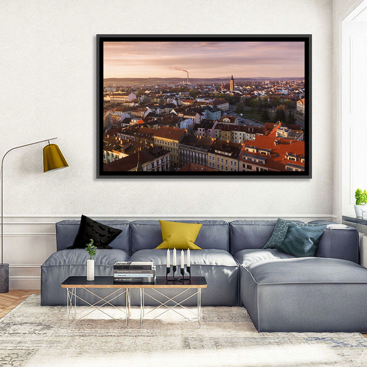 Red Tiled Rooftops at Golden Hour Wall Art in a room, landscape