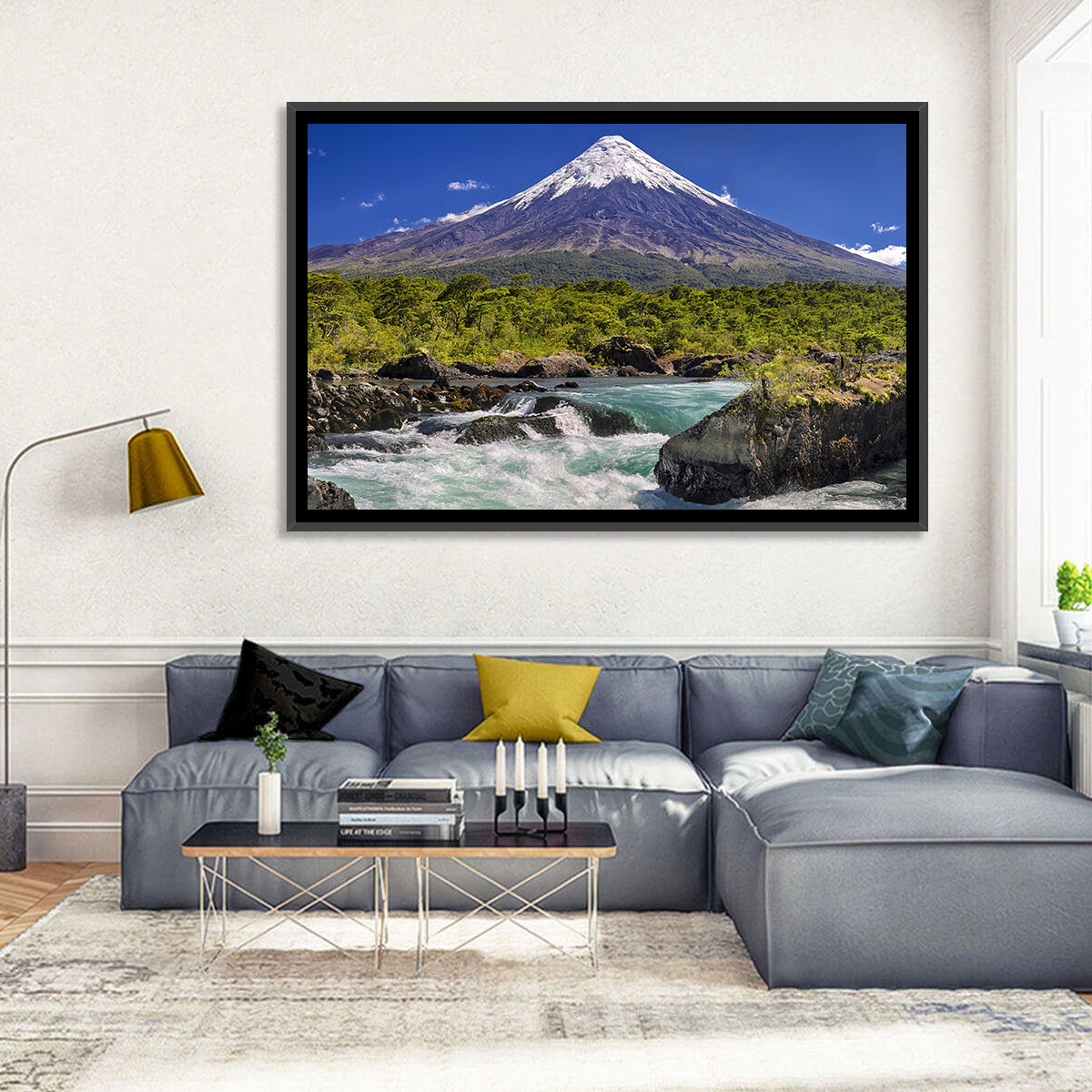 Osorno Volcano Over Petrohue Rapids Wall Art in a room, landscape