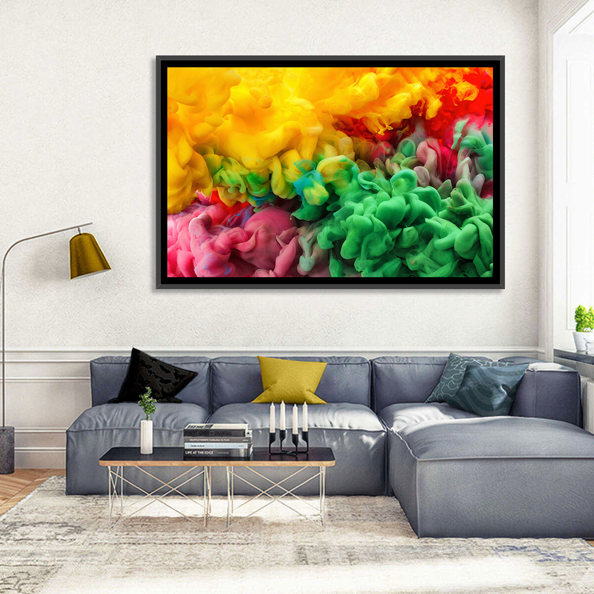Vibrant Underwater Ink Cloud Abstract Wall Art in a room, landscape