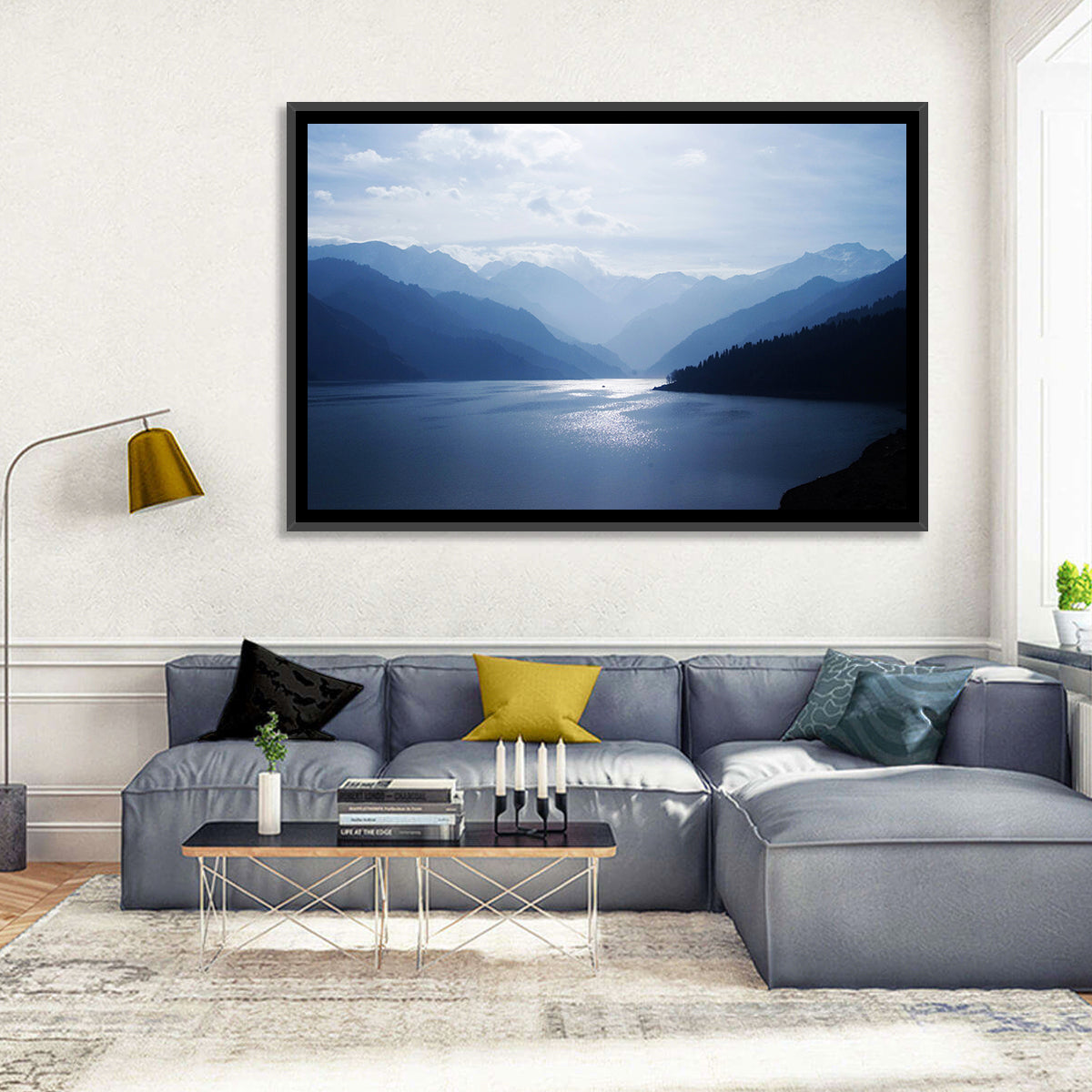 Xinjiang Lakeshore Serenity Wall Art in a room, landscape