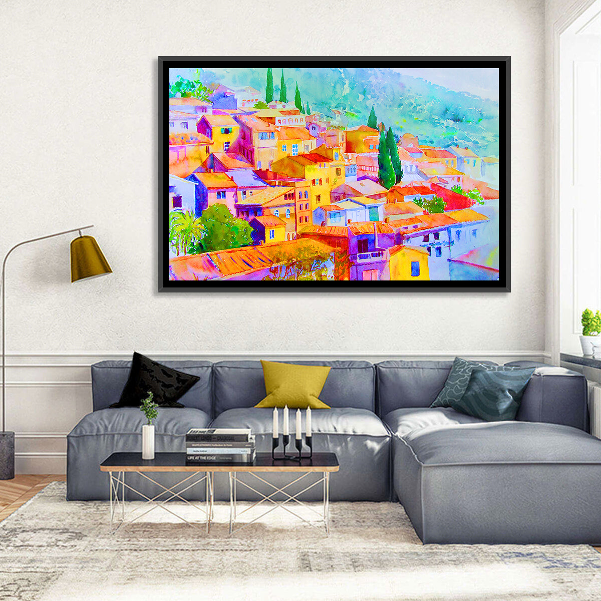 Mediterranean Hillside Watercolor Village Wall Art