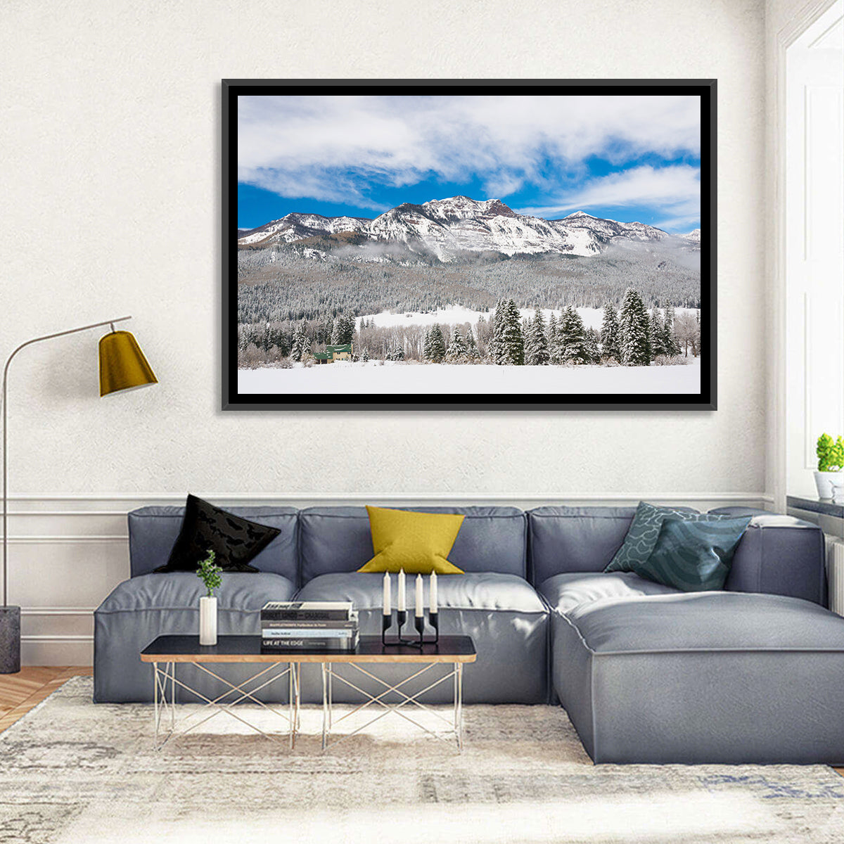 Colorado Snowy Mountain Cabin Wall Art in a room, landscape