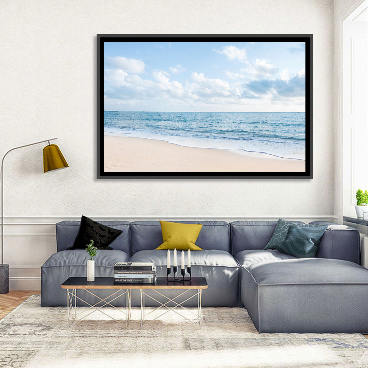 Minimalist Sandy Beach and Gentle Waves Wall Art in a room, landscape