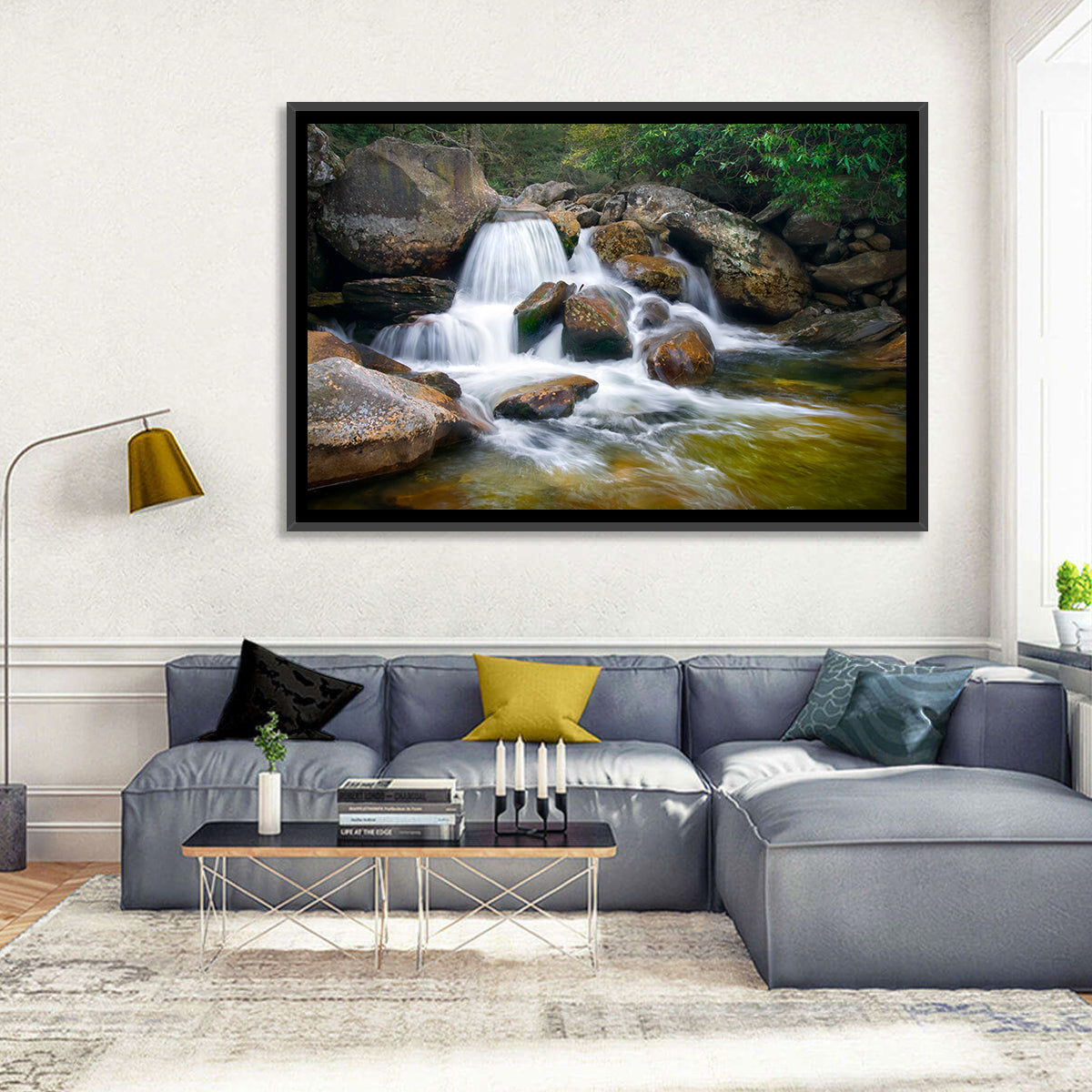 Blue Ridge Mossy Waterfall Wall Art in a room, landscape