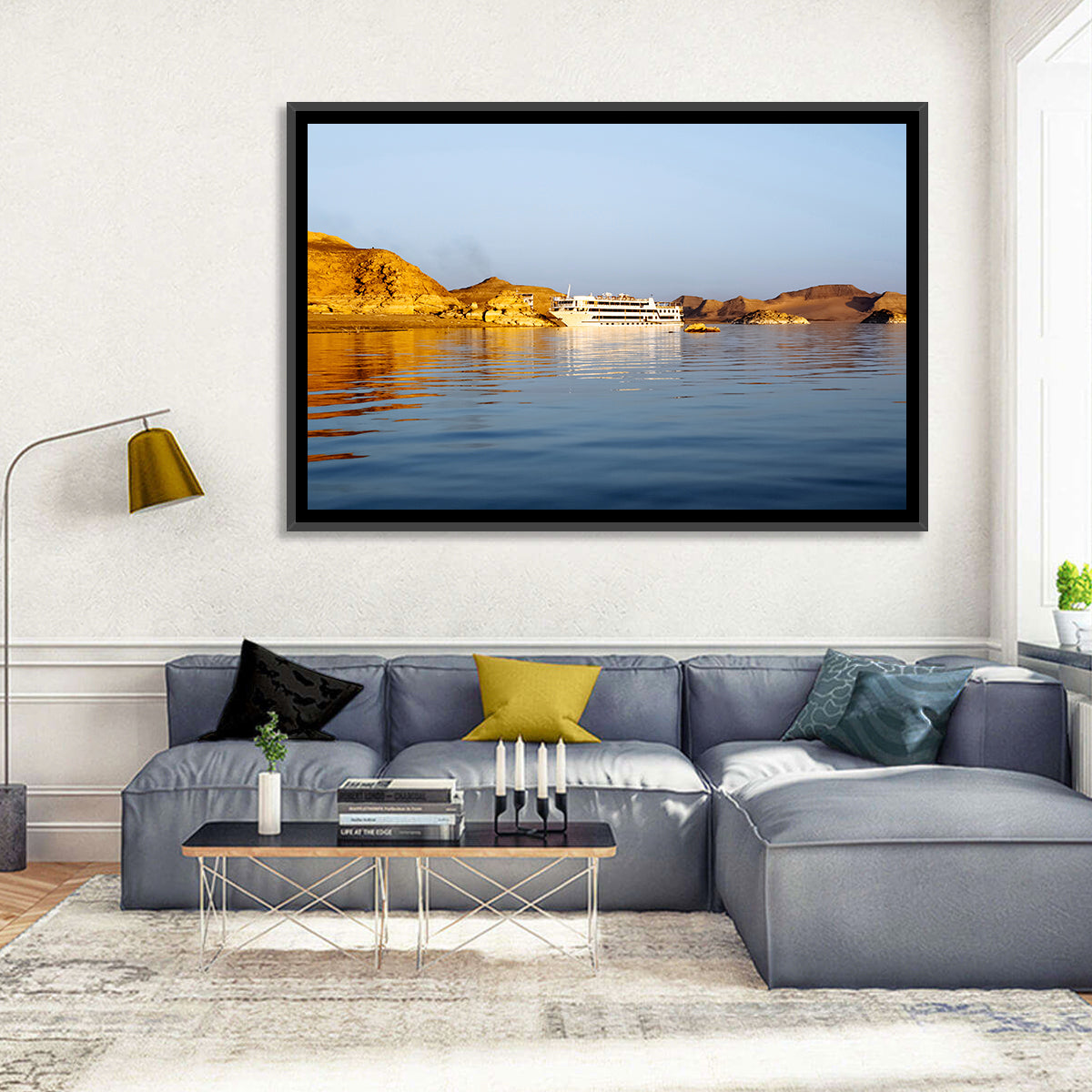 Lake Nasser Cruise Ship at Golden Hour Wall Art in a room, landscape