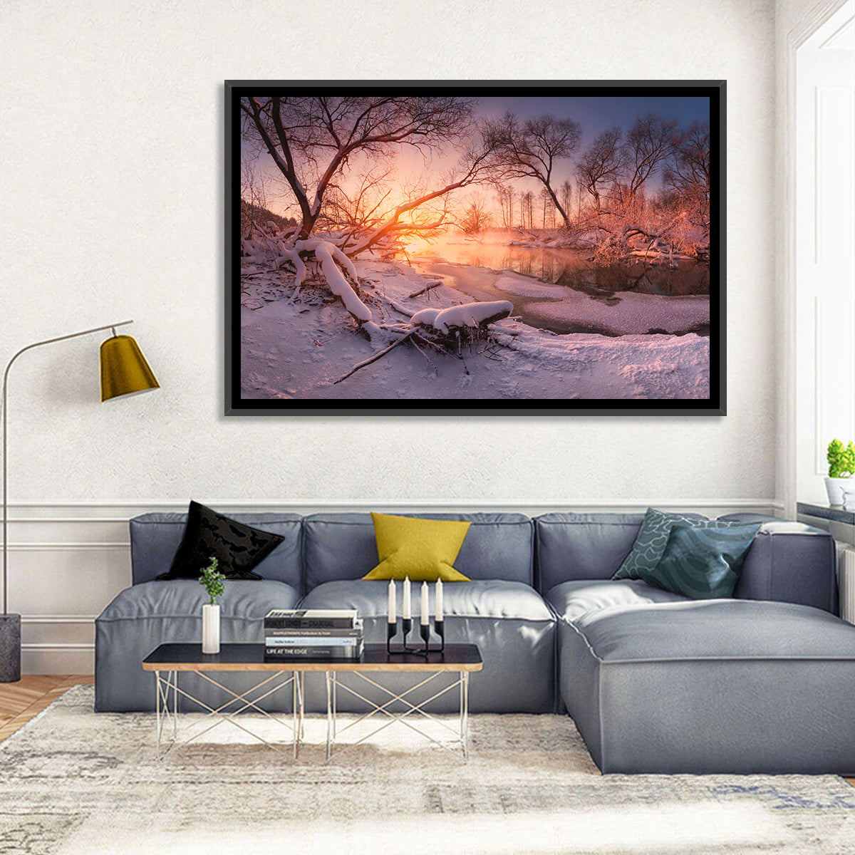 Sunset Over Snowy Forest Lake Wall Art in a room, landscape