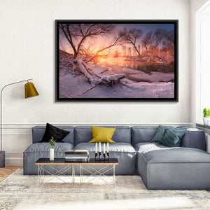 Snowy Forest Lake Sunset Wall Art