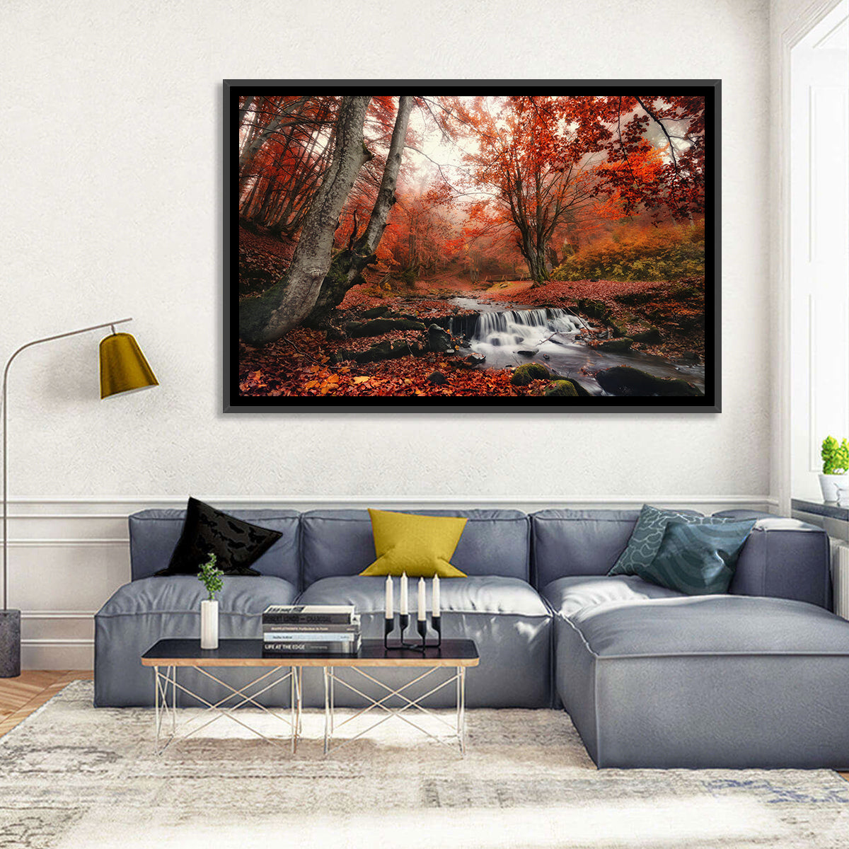 Autumn Forest Stream with Footbridge Wall Art in a room, landscape