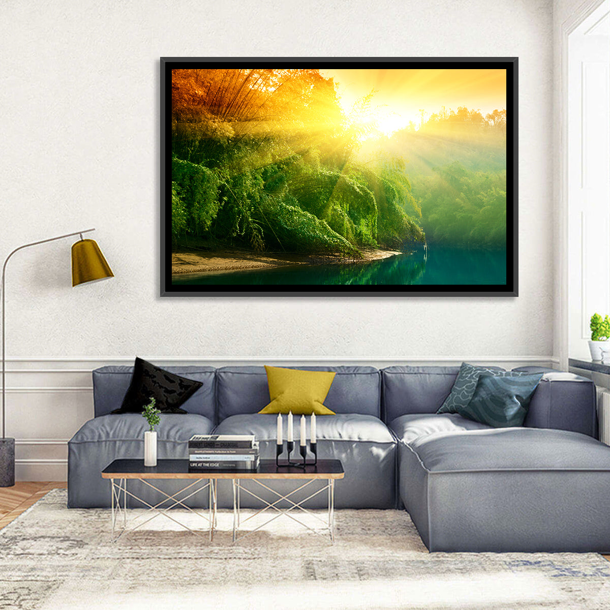 Golden Bamboo Riverbank Wall Art in a room, landscape