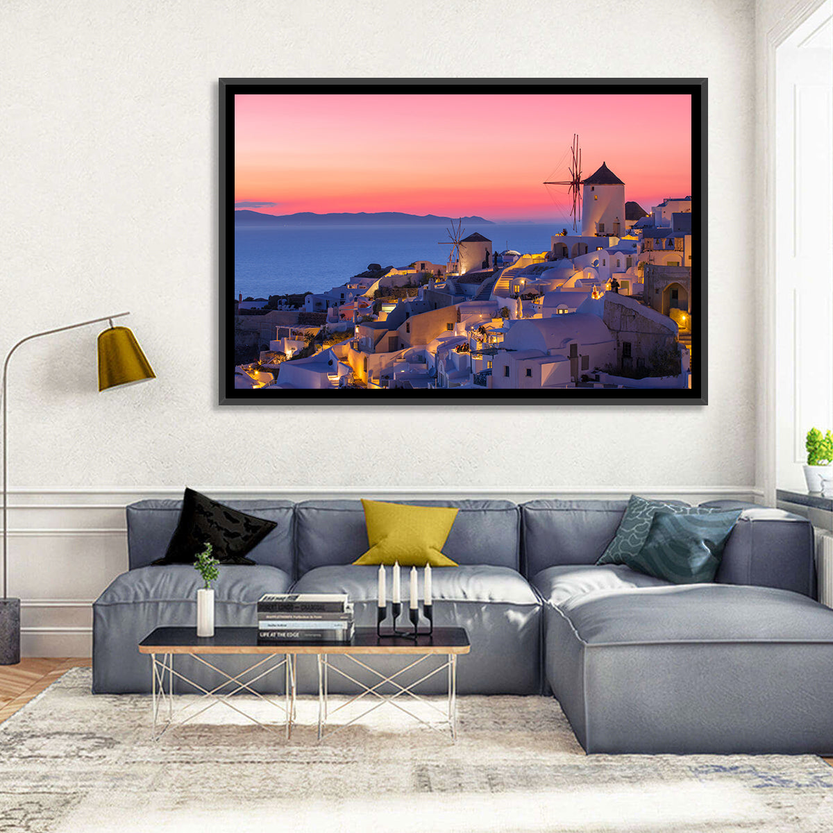 Oia Windmills at Dusk Wall Art in a room, landscape