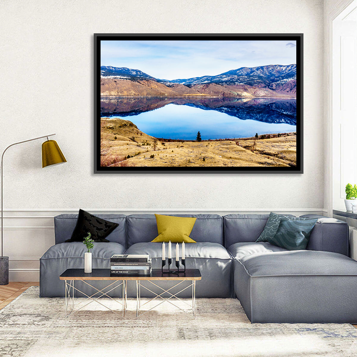 Kamloops Lake Sunset with Snow Capped Peaks Wall Art in a room, landscape