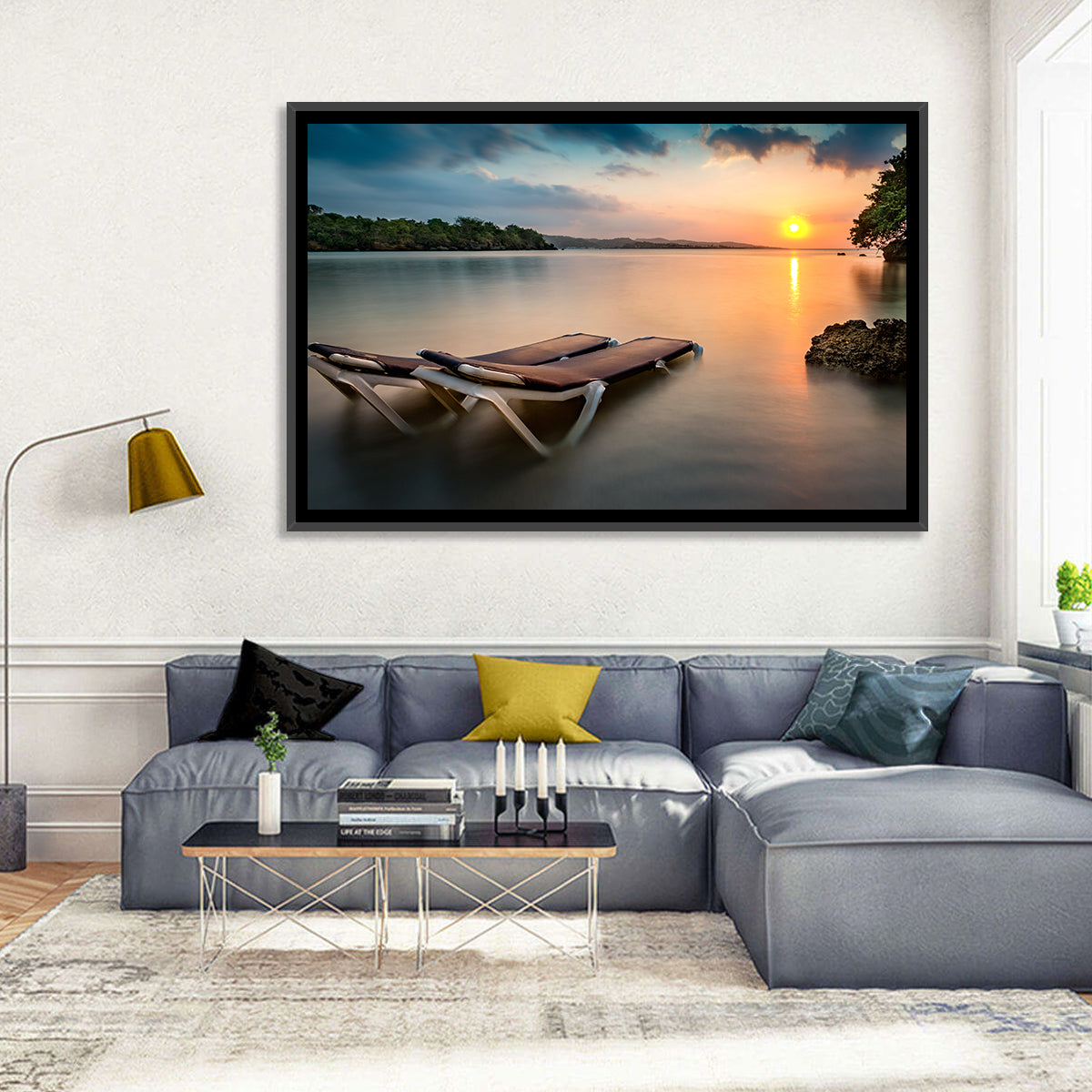 Sunset Over Coastal Lounge Chairs Wall Art in a room, landscape